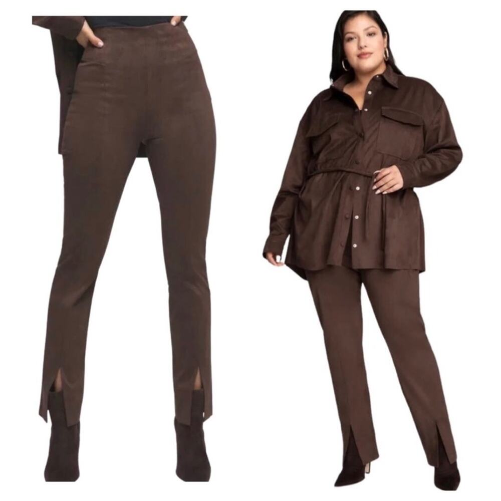 Good American Chocolate Brown Faux Suede Pant Size 8 Boss Split Hem Straight Leg